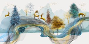 پوستر دیواری طرح منظره و گوزن طلایی انتزاعی