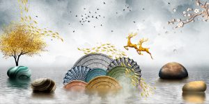 پوستر دیواری طرح سنگ گوزن و درخت طلایی انتزاعی