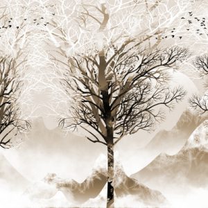 پوستر دیواری طرح جنگل درختان ابرها با پرندگان و غروب آفتاب