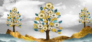 پوستر دیواری طرح درختان قهوه ای و گل های طلایی