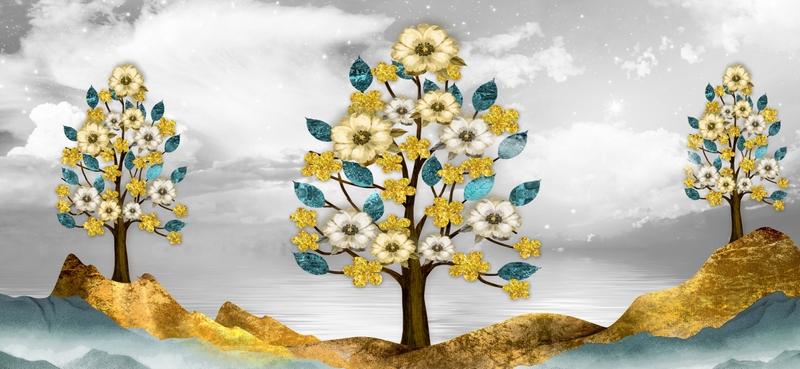 پوستر دیواری طرح درختان قهوه ای و گل های طلایی