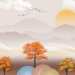 پوستر دیواری طرح منظره درختان کوه ابرهای سفید و پرندگان