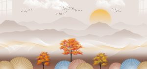 پوستر دیواری طرح منظره درختان کوه ابرهای سفید و پرندگان
