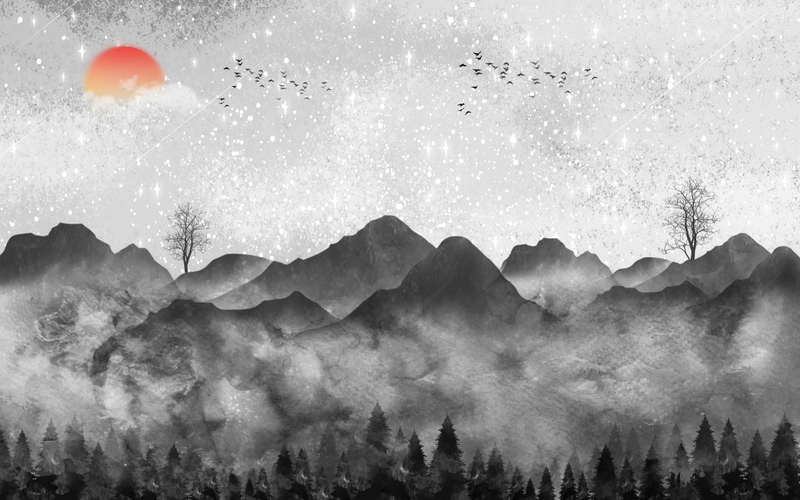پوستر دیواری طرح نقاشی کوه سیاه و طلوع خورشید