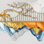 پوستر دیواری طرح انتزاعی کوه آبی طلایی و گوزن طلایی