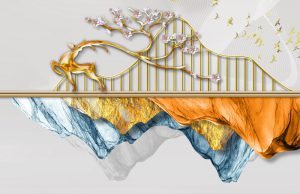 پوستر دیواری طرح انتزاعی کوه آبی طلایی و گوزن طلایی