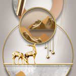پوستر دیواری طرح انتزاعی کوه گوزن و دایره طلایی