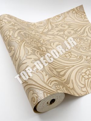 کاغذ دیواری قابل شستشو PVC طرح کلاسیک کرم-طلایی برجسته