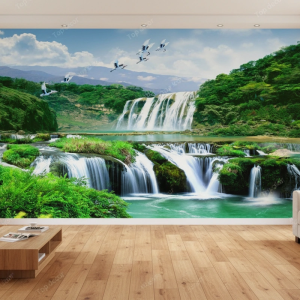 پوستر دیواری طبیعت باشکوه آبشار و پرندگان