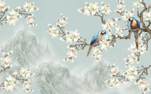 پوستر دیواری پرندگان و شکوفه‌های سفید در مه کوهستان