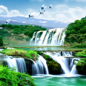 پوستر دیواری طبیعت باشکوه آبشار و پرندگان