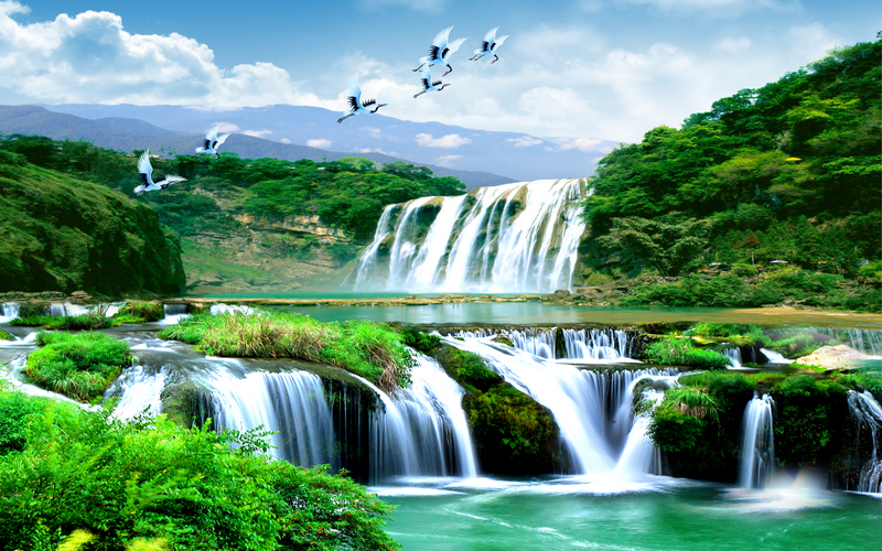 پوستر دیواری طبیعت باشکوه آبشار و پرندگان