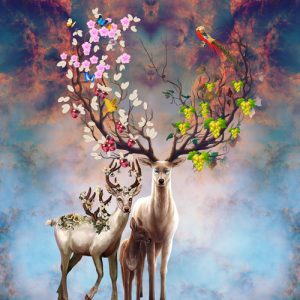 پوستر دیواری گوزن‌های فانتزی با شاخ‌های گل‌دار