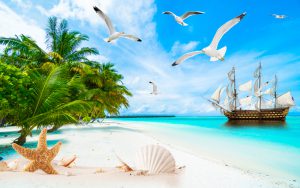 پوستر دیواری ساحل رؤیایی و کشتی بادبانی