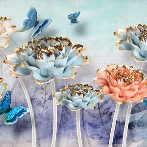 پوستر دیواری گل‌های آبی و مرجانی