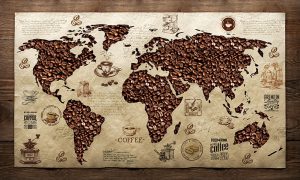 پوستر دیواری طرح دانه قهوه و نقشه جهان