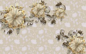 پوستر دیواری سه‌بعدی گل لوکس طلایی و نگین‌دار