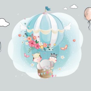 پوستر دیواری اتاق کودک طرح بالن فانتزی با حیوانات