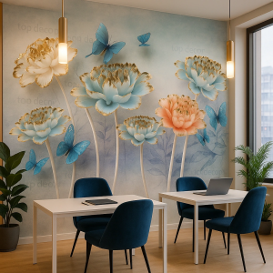 پوستر دیواری گل‌های آبی و مرجانی