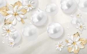 پوستر دیواری سه‌بعدی گل‌های طلایی و مروارید