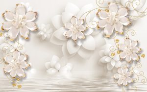 پوستر دیواری سه بعدی گل سفید طلایی