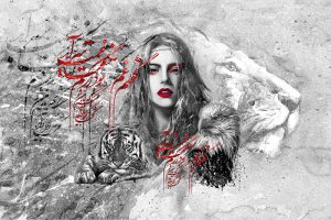 پوستر دیواری چهره زن و شیر