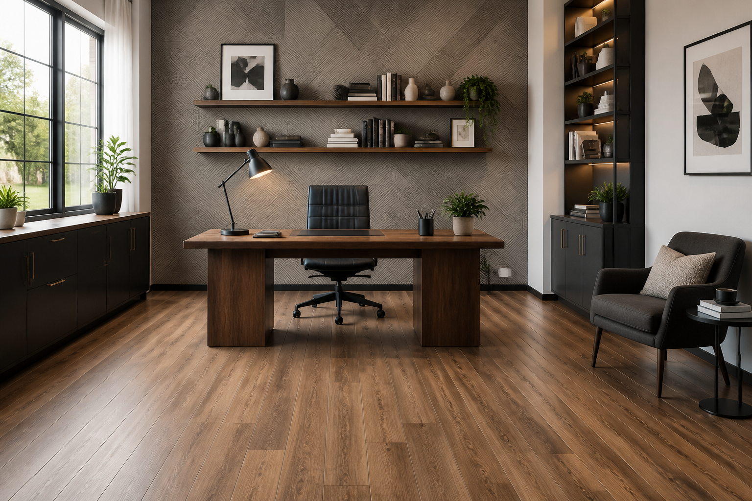 فضای کار خانگی (هوم‌آفیس) مدرن با کفپوش لمینیت مقاوم و دیوار دکوراتیو کاغذ دیواری